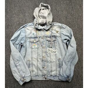 Risen Jacket Womens Medium Light Wash Denim Hooded Patches Be Kind Grunge Street
